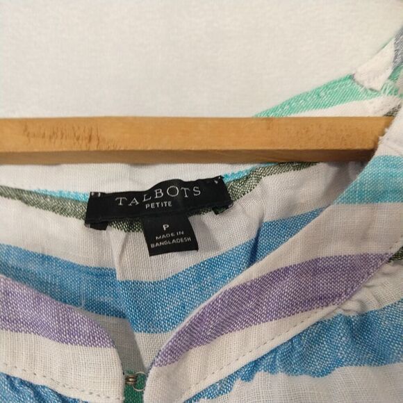 Talbots 100% Linen Striped Short Sleeve Top Size PS P Puff Sleeve Peasant Blouse - Picture 5 of 7